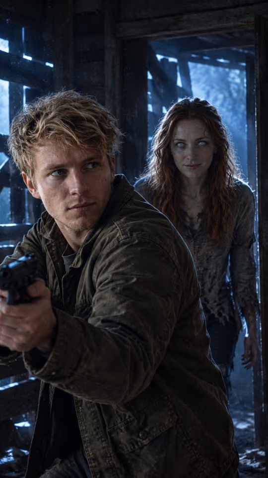 AI example: the standoff — a young man with blond hair and a woman with long red hair, one of them turned, in a dark cabin