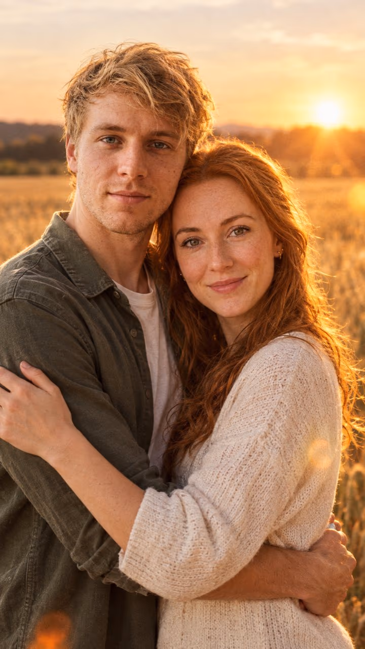 AI example: the memory — a young man with blond hair and a woman with long red hair hugging in a golden wheat field